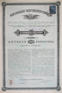 Barcs-Pakráci Vasút Részvénytársaság elsőbbségi részvény 200 forint 1884