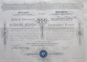 Békés-Csanádi Helyi Érdekű Vasút Részvénytársaság elsőbbségi részvény 200 korona 1893