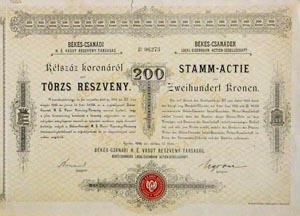 Békés-Csanádi Helyi Érdekű Vasút Részvénytársaság törzs részvény 200 korona 1893