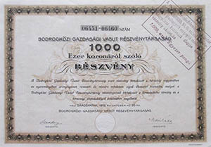 Bodrogközi Gazdasági Vasút Részvénytársaság 1000 korona 1912