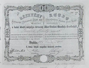 Budai Közúti Vaspálya-Társaság részvény 200 forint 1868 Buda