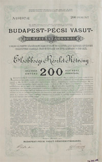 Budapesti-Pécsi Vasút Részvénytársaság kötvény 200 forint 1889