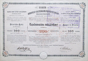 Budapest-Esztergom-Füzitői Helyi Érdekű Vasút Részvénytársaság elsőbbségi részvény 200 korona 1897