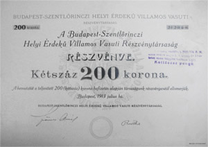 Budapest-Szentlőrinci Helyi Érdekű Villamos Vasúti  Részvénytársaság részvény 200 korona 1913