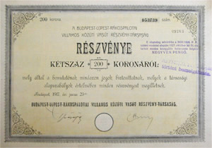 Budapest-Újpest-Rákospalotai Villamos Közúti Vasút Részvénytársaság részvény 200 korona 1917
