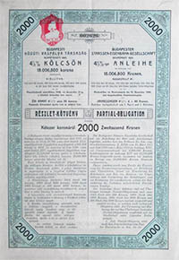 Budapesti Közúti Vaspálya-Társaság részletkötvény 2000 korona 1912