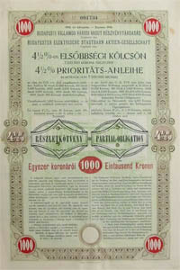 Budapesti Villamos Városi Vasút Részvénytársaság kötvény 1000 korona 1908