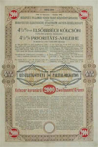 Budapesti Villamos Városi Vasút Részvénytársaság kötvény 2000 korona 1908