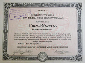 Debreczen-Nyírbátori Helyi Érdekű Vasút Részvénytársaság törzsrészvény 200 korona 1911