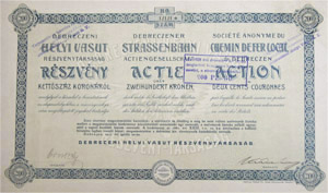 Debreczeni Helyi Vasút Részvénytársaság részvény 200 korona 1911 Debrecen