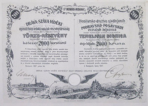 Dráva-Száva Vidéki Helyi Érdekű Vasút Részvénytársaság törzsrészvény 10x200 korona 1907