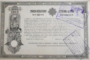 Dunántúli Helyi Érdekű Vasút Részvénytársaság törzsrészvény 100 forint 1891