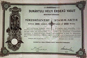 Dunántúli Helyi Érdekű Vasút Részvénytársaság törzsrészvény 200 korona 1913