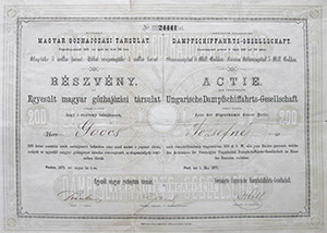 Egyesült Magyar Gőzhajózási Társulat részvény 200 forint 1871