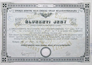 Eperjes-Bártfai Helyi Érdekű Vasút Részvénytársaság élvezeti jegy 1919