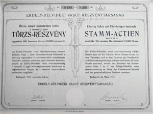 Erdély-Délvidéki Vasút Részvénytársaság törzsrészvény 50x200 10000 korona 1911