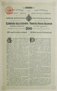 Győr-Sopron-Ebenfurti Vasút Részvénytársaság részletkötvény 200 forint 1897