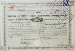 Győr-Sopron-Ebenfurti Vasút Részvénytársaság részvény 200 forint 1876