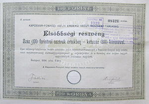 Kaposvár-Fonyódi Helyi Érdekű Vasút Részvénytársaság elsőbbségi részvény 100 forint 1896
