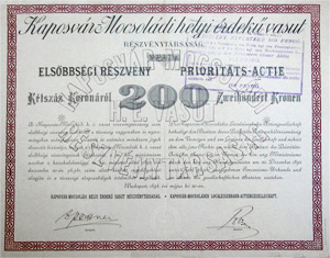 Kaposvár-Mocsoládi Helyi Érdekű Vasút Részvénytársaság elsőbbségi részvény 200 korona 1894