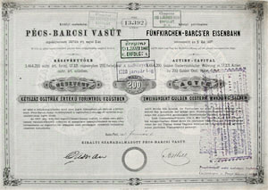 Királyi Szabadalmazott Pécs-Barcsi Vasút Részvénytársaság részvény 200 forint 1868