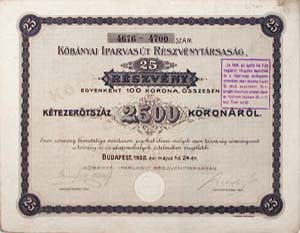 Kőbányai Iparvasút Részvénytársaság részvény 25x100 2500 korona 1922