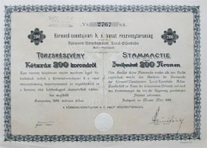 Körmend-Németujvári Helyi Érdekű Vasút Részvénytársaság részvény 200 korona 1899