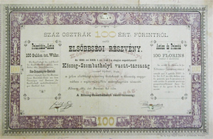 Kőszeg-Szombathelyi Vasút Társaság elsőbbségi részvény 100 forint 1883 Kőszeg