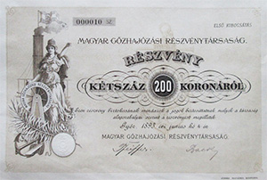 Magyar Gőzhajózási Részvénytársaság részvény 200 korona 1893 Győr