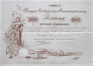 Magyar Gőzhajózási Részvénytársaság részvény 200 korona 1894