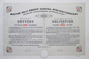 Magyar Helyi Érdekű vasutak Részvénytársaság 4% kötvény 200 pengő 1928