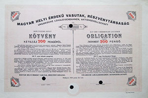 Magyar Helyi Érdekű vasutak Részvénytársaság 5% kötvény 200 pengő 1928