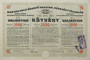 Magyar Helyi Érdekű vasutak Részvénytársaság 4,5% kötvény 2000 korona 1893