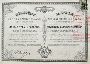Magyar Vasúti Forgalmi Részvénytársaság részvény 200 korona 1899