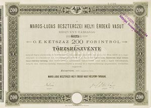 Maros-Ludas Besztercei Helyi Érdekű Vasút Részvénytársaság törzsrészvény 200 forint 1886 Kolozsvár