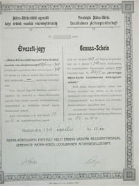 Mátra-Körösvidéki Egyesült Helyi Érdekű Vasút Részvénytársaság élvezeti jegy 1908