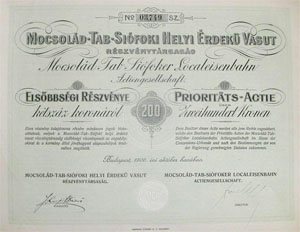 Mocsolád-Tab-Sófoki Helyi Érdekű Vasút Részvénytársaság elsőbbségi részvény 200 korona 1906