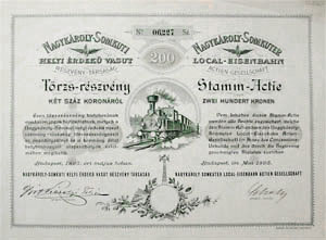 Nagykároly-Somkuti Helyi Érdekű Vasút Részvénytársaság törzsrészvény 200 korona 1895