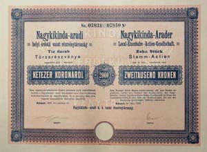Nagykikinda-Aradi Helyi Érdekű Vasút Részvénytársaság törzsrészvény 2000 korona 1908