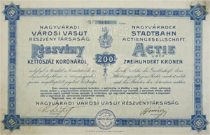 Nagyváradi Városi Vasút Részvénytársaság részvény 200 korona 1905 Nagyvárad