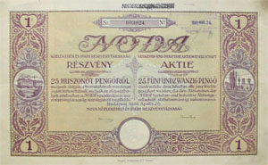 Nova Közlekedési és Ipari Részvénytársaság részvény 25 pengő 1926