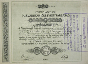 Nyíregyházavidéki Kisvasutak Részvénytársaság részvény 200 korona 1906 Nyíregyháza