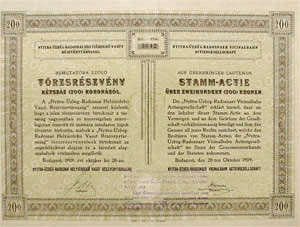 Nyitra-Üzbég-Radosnai Helyi Érdekű Vasút Részvénytársaság törzsrészvény 200 korona 1909