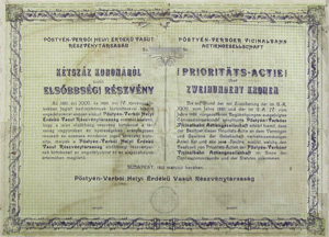 Pöstyén-Verbói Helyi Érdekű Vasút Részvénytársaság elsőbbségi részvény 200 korona 1913