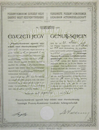 Pozsony-Komáromi Egyesült Helyi Érdekű Vasút Részvénytársaság élvezeti jegy 1908