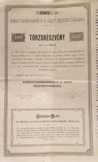 Somogy-Szobb-Barcsi Helyi Érdekű Vasút Részvénytársaság törzsrészvény 100 forint 1890