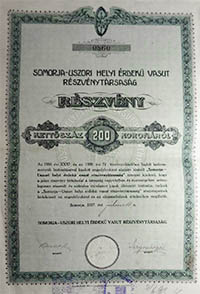 Somorja-Uszori Helyi Érdekű Vasút Részvénytársaság részvény 200 korona 1917
