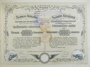 Sopron-Kőszegi Helyi Érdekű Vasút Részvénytársaság elsőbbségi részvény 200 korona 1907