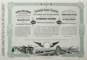 Szabadka-Gombos-Palánkai Helyi Érdekű Vasút Részvénytársaság elsőbbségi részvény 200 korona 1908