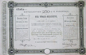 Szamosvölgyi Vasút Részvénytársaság egész fél törzsrészvény 250 forint 1880 Deés